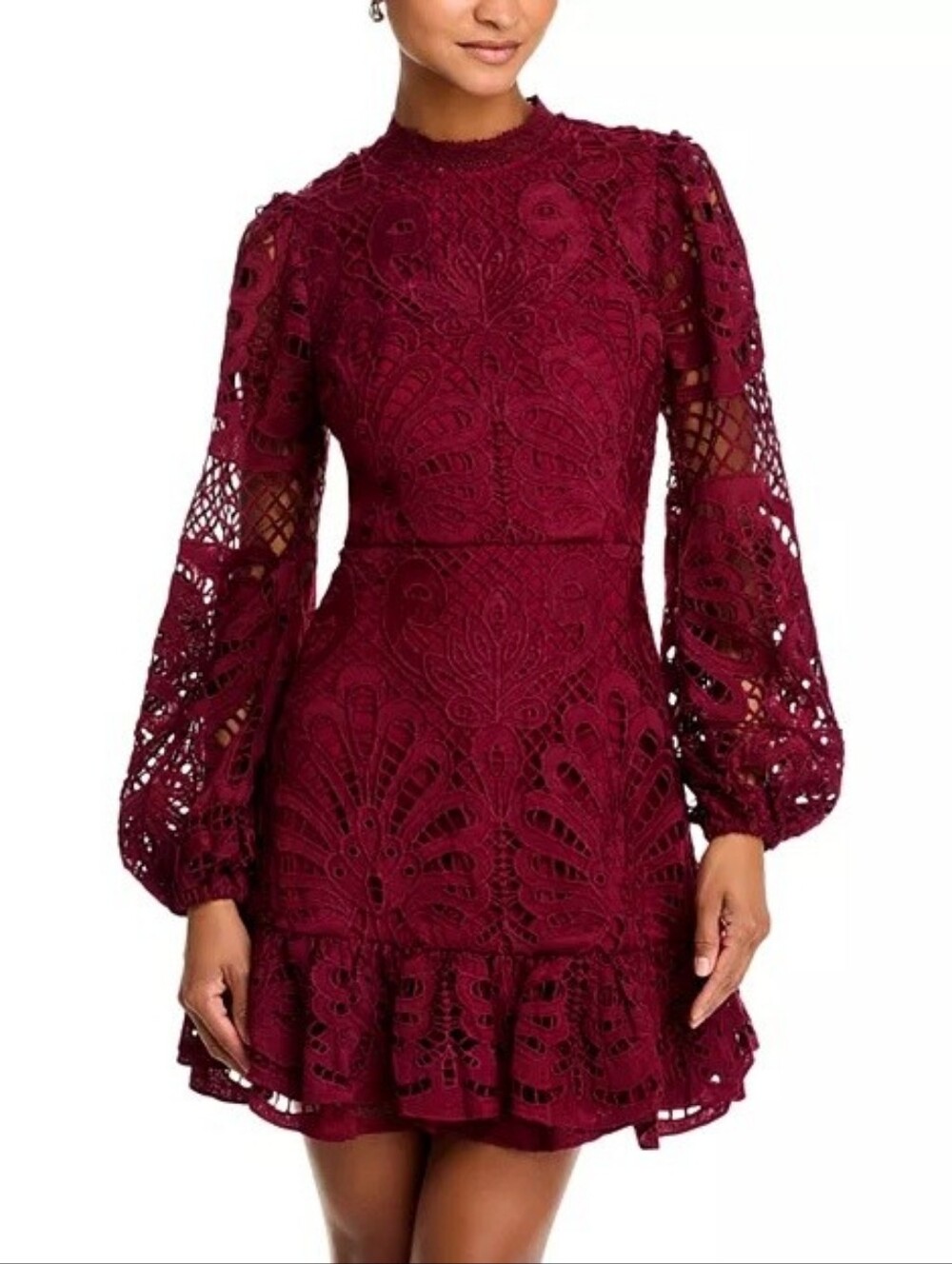 Aqua Long Sleeve Lace Dress dark red Cherry Lacquer crochet mini women's